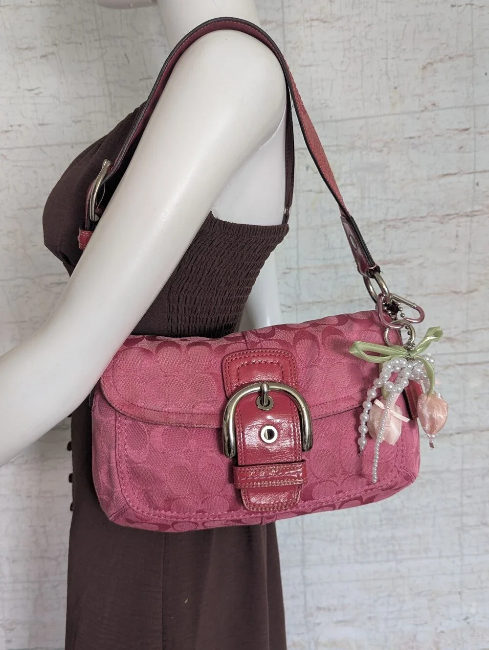 Coach Pink Signature Shoulder Bag with Buckle and Charm